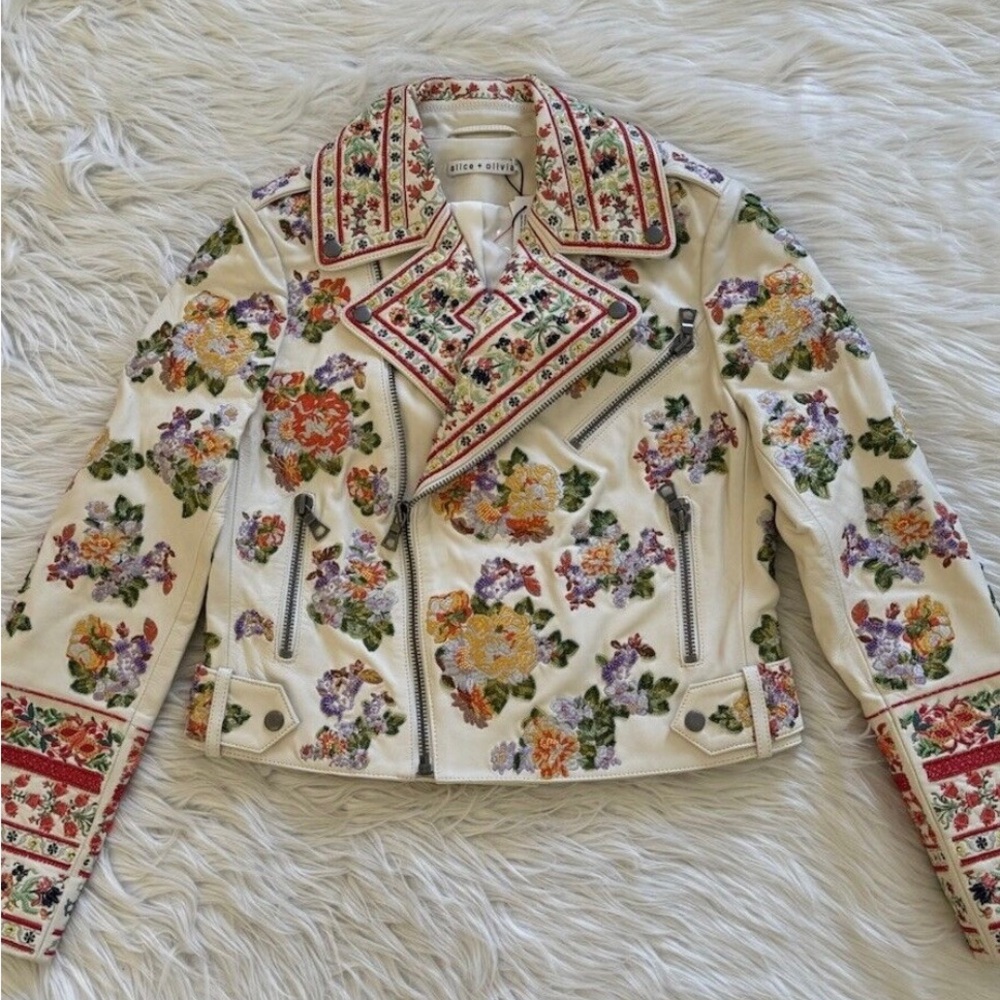 Alice + Olivia embroidered leather jacket